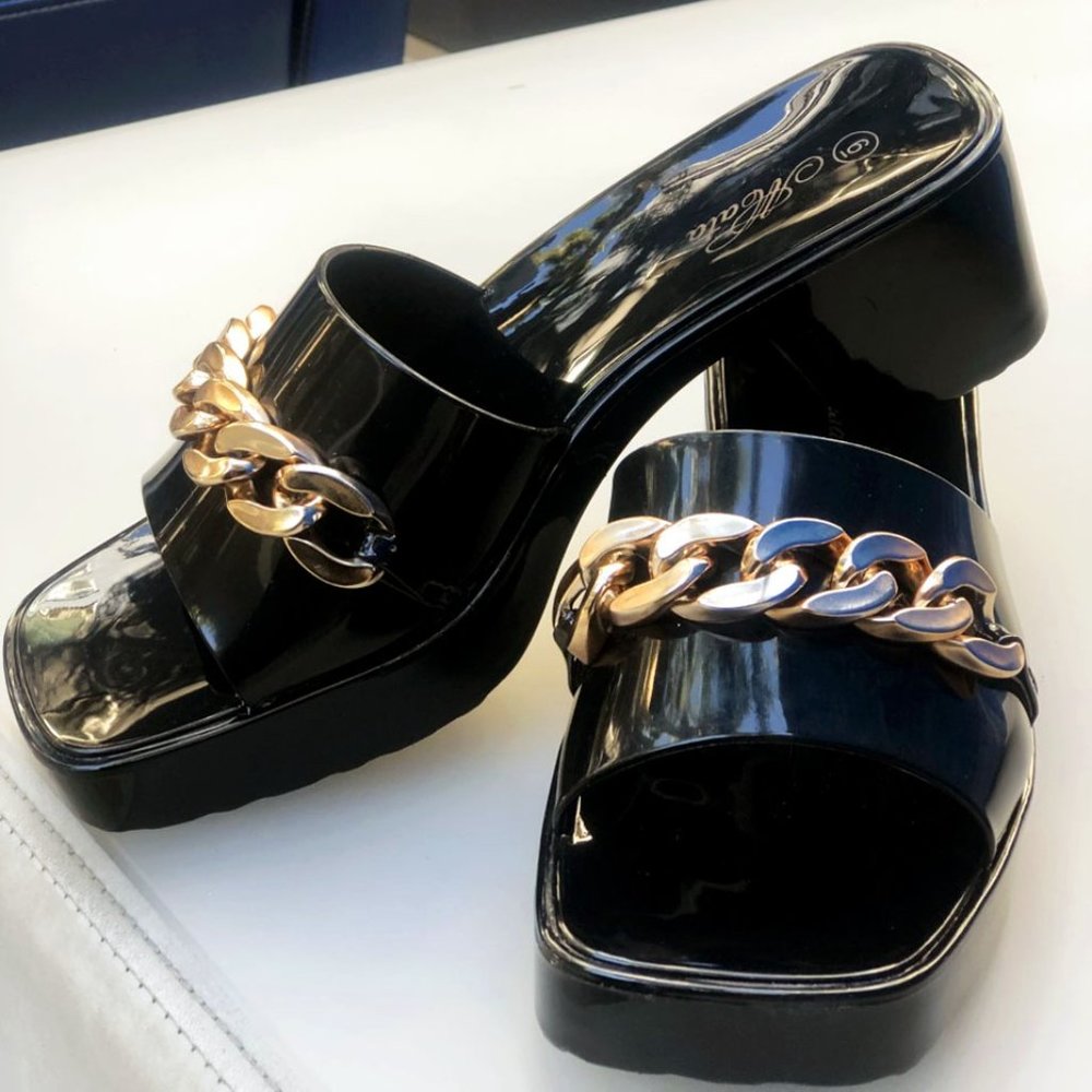 NEW Black Gold Chain Jelly Rubber Block Heel Platform Slip On Slides Sandals